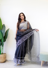 Black Colour Embroidery Thread Work Saree