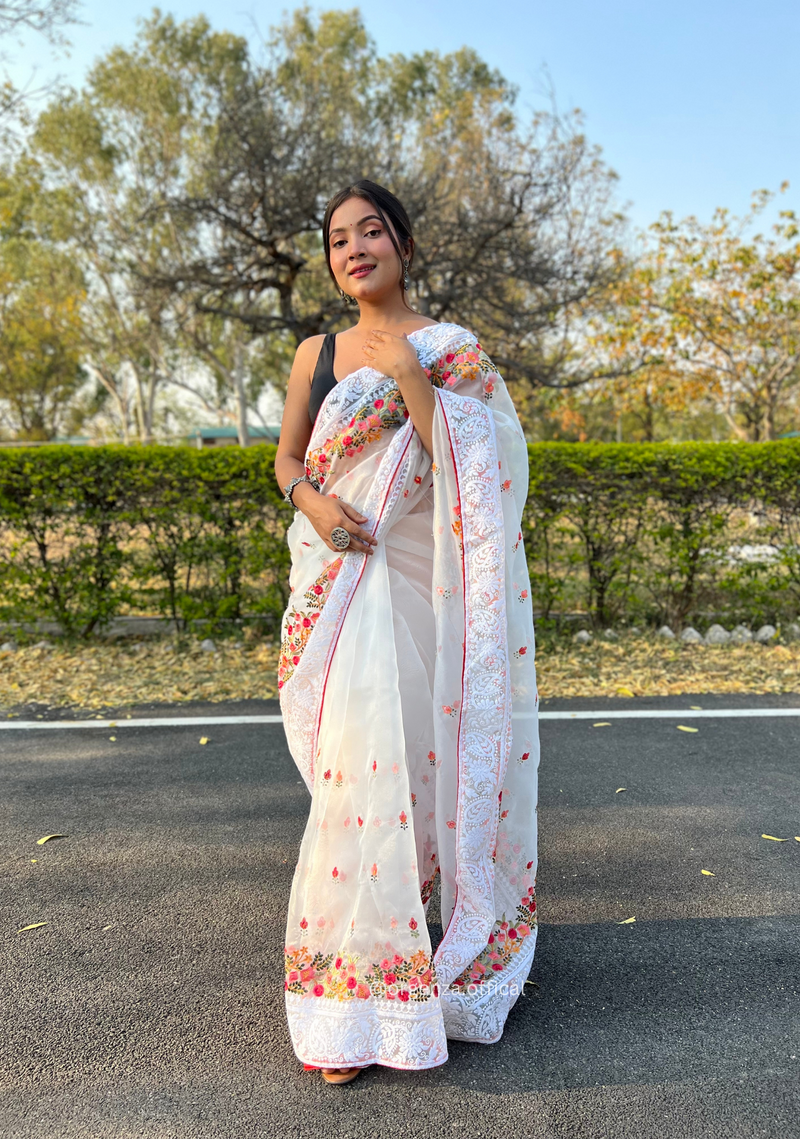 White Organza Saree With Chikankari Work