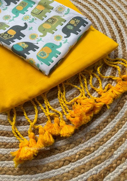 Yellow Colour Cotton Saree With Baby Elephant Print Blouse