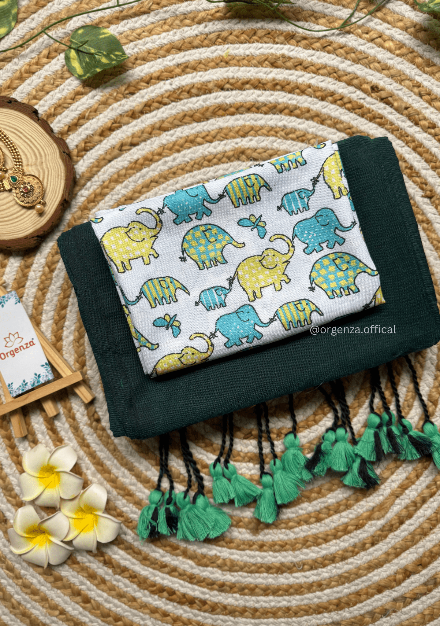 Rama Green Colour Cotton Saree With Little Elephant Print Blouse - Orgenza Store - digisoch