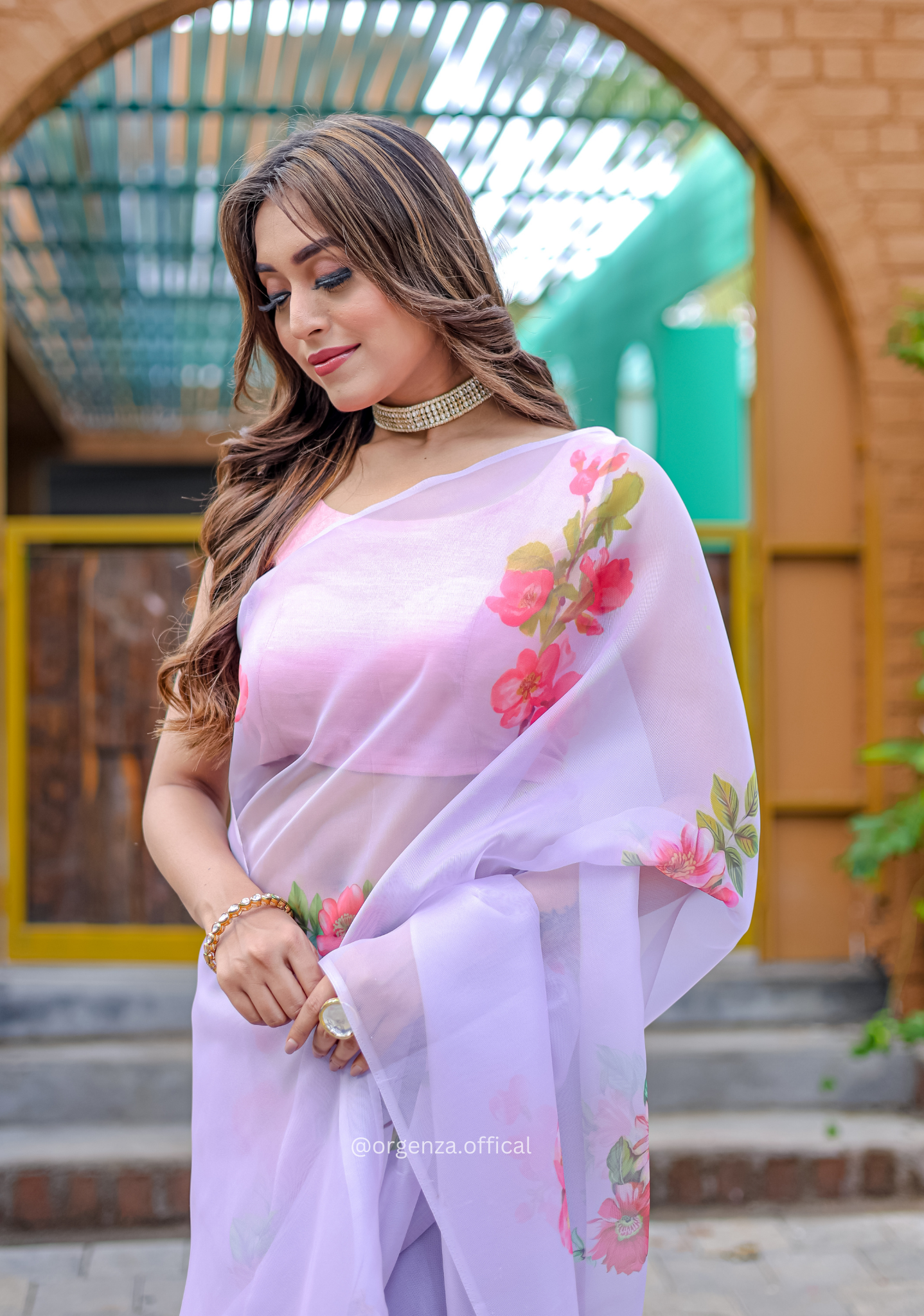 Purple Colour Flower Digital Print Saree - Orgenza Store
