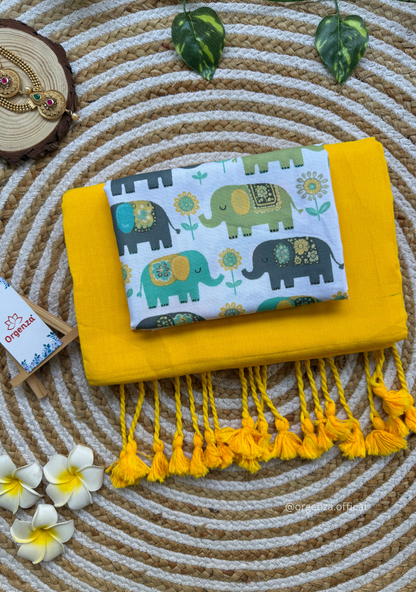 Yellow Colour Cotton Saree With Baby Elephant Print Blouse