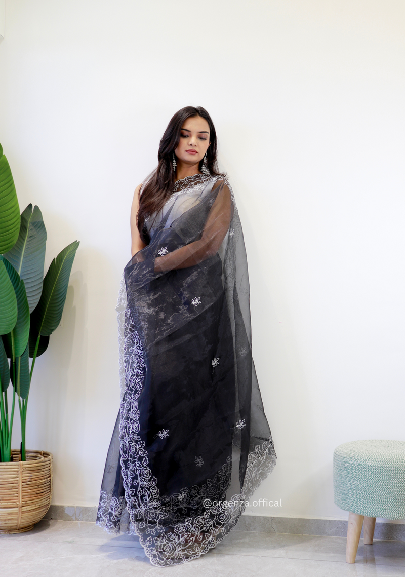 Black Colour Embroidery Thread Work Saree