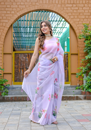 Purple Colour Flower Digital Print Saree - Orgenza Store