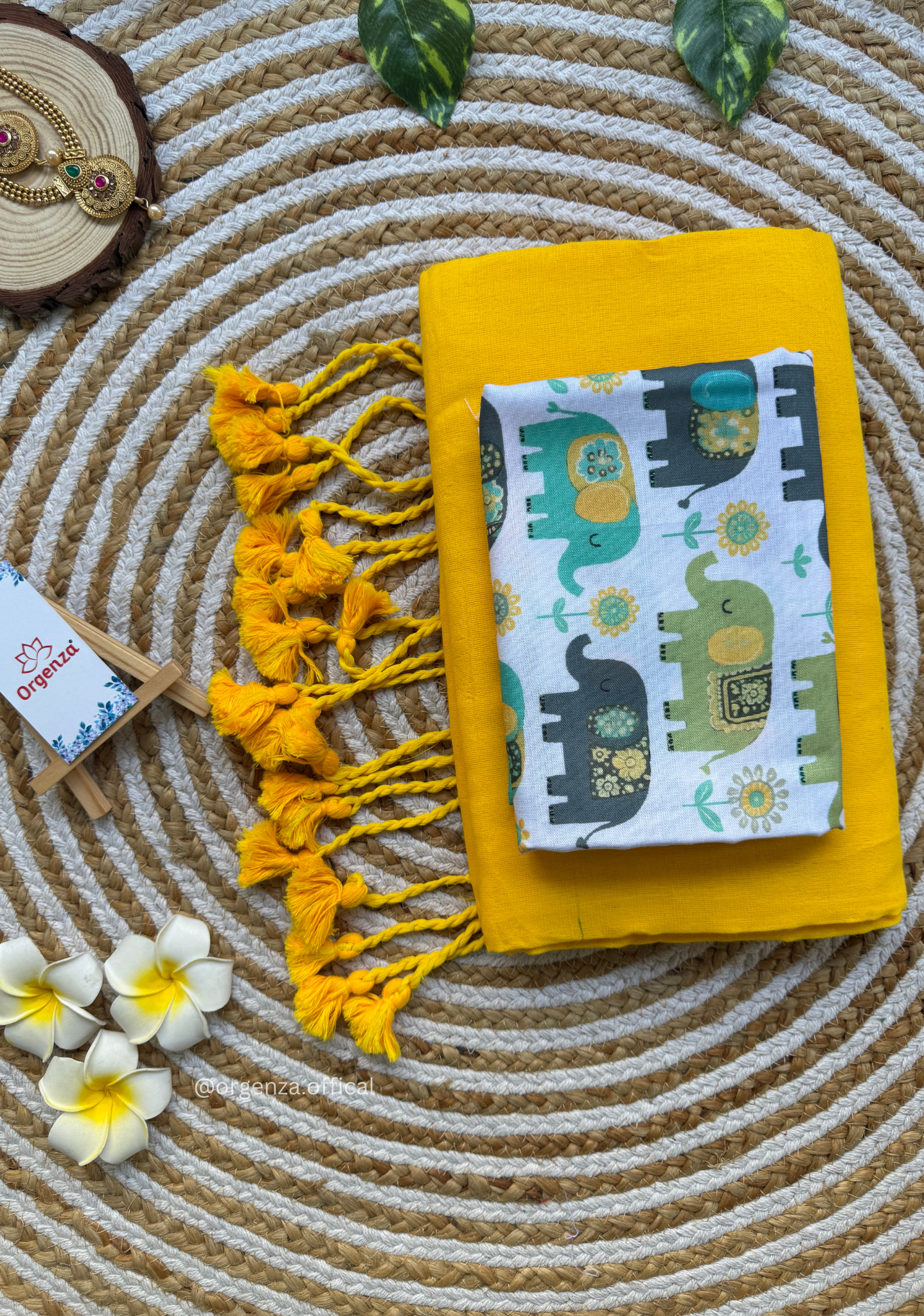 Yellow Colour Cotton Saree With Baby Elephant Print Blouse