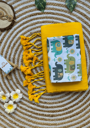 Yellow Colour Cotton Saree With Baby Elephant Print Blouse - Orgenza Store - digisoch
