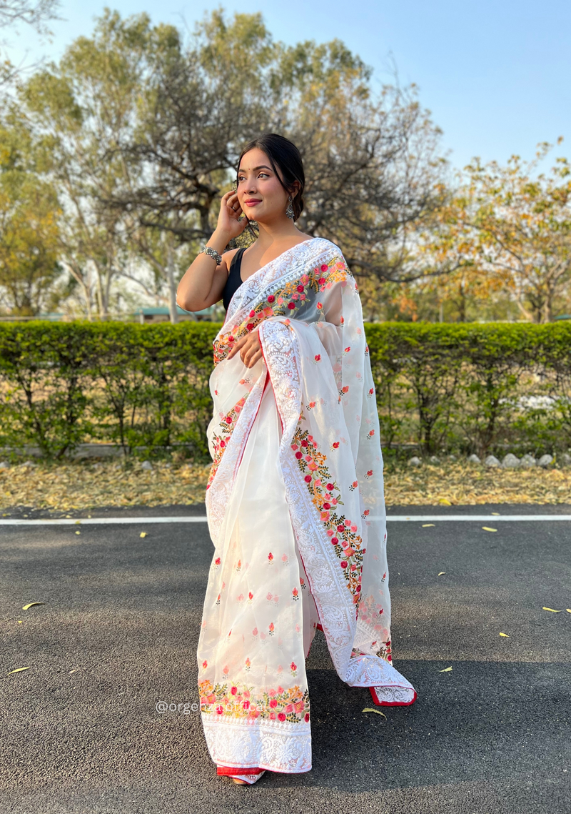 White Organza Saree With Chikankari Work