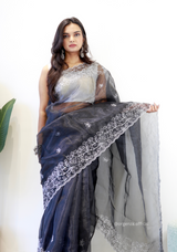 Black Colour Embroidery Thread Work Saree