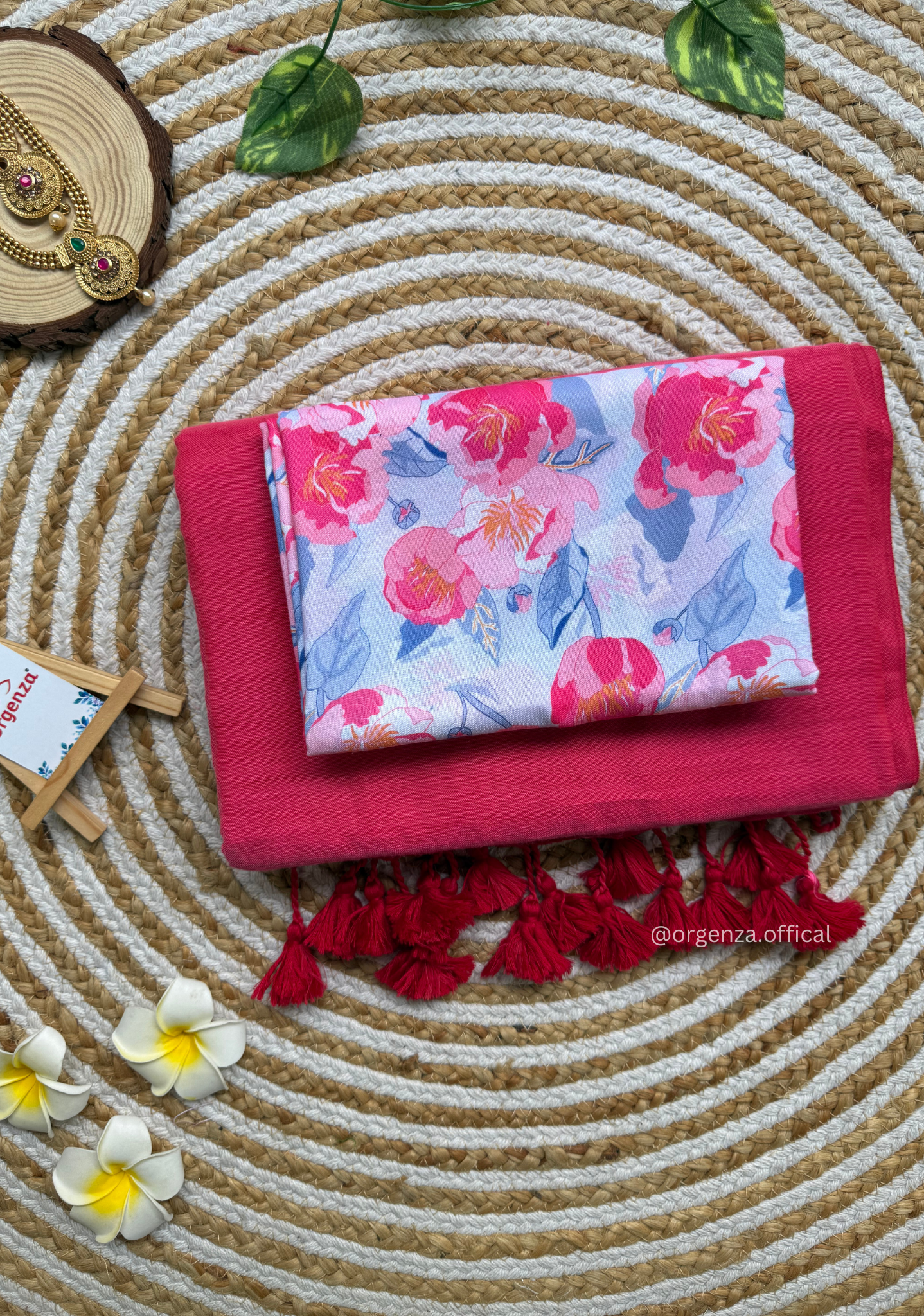 Pink Colour Cotton Saree With Baby Pink Flower Print Blouse