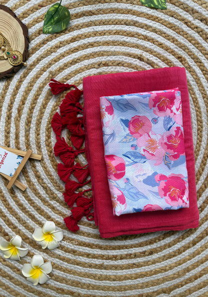 Pink Colour Cotton Saree With Baby Pink Flower Print Blouse