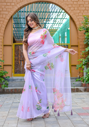 Purple Colour Flower Digital Print Saree - Orgenza Store