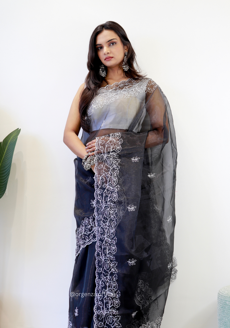 Black Colour Embroidery Thread Work Saree