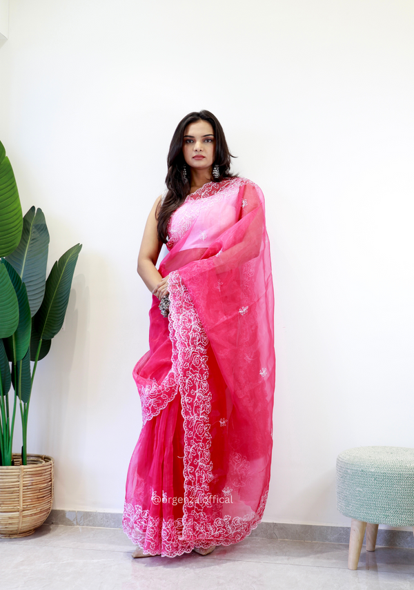 Pink Colour Embroidery Thread Work Saree