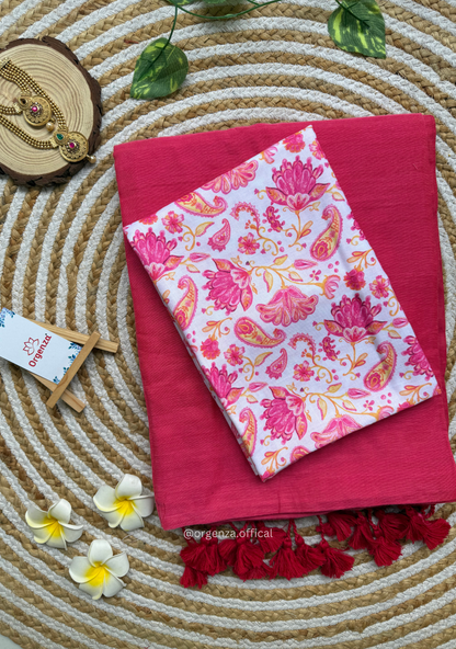Pink Colour Cotton Saree With White Pink Multi Print Blouse