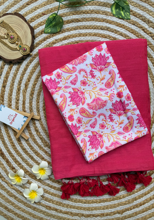 Pink Colour Cotton Saree With White Pink Multi Print Blouse