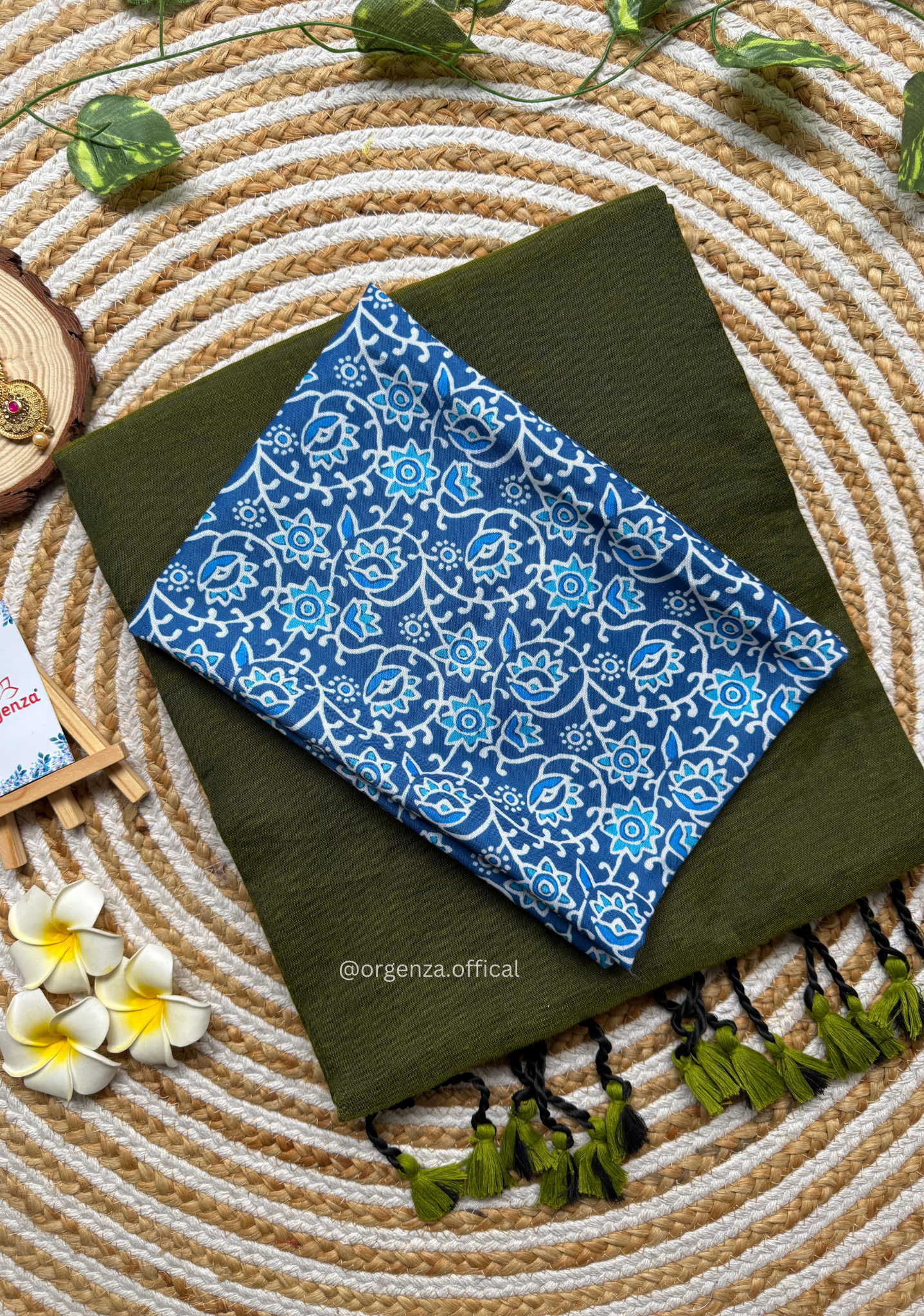 Dark Mehendi Colour Cotton Saree With Blue Print Blouse