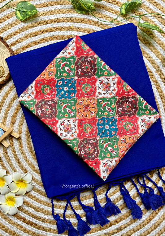 Blue Colour Cotton Saree With Chex Print Blouse