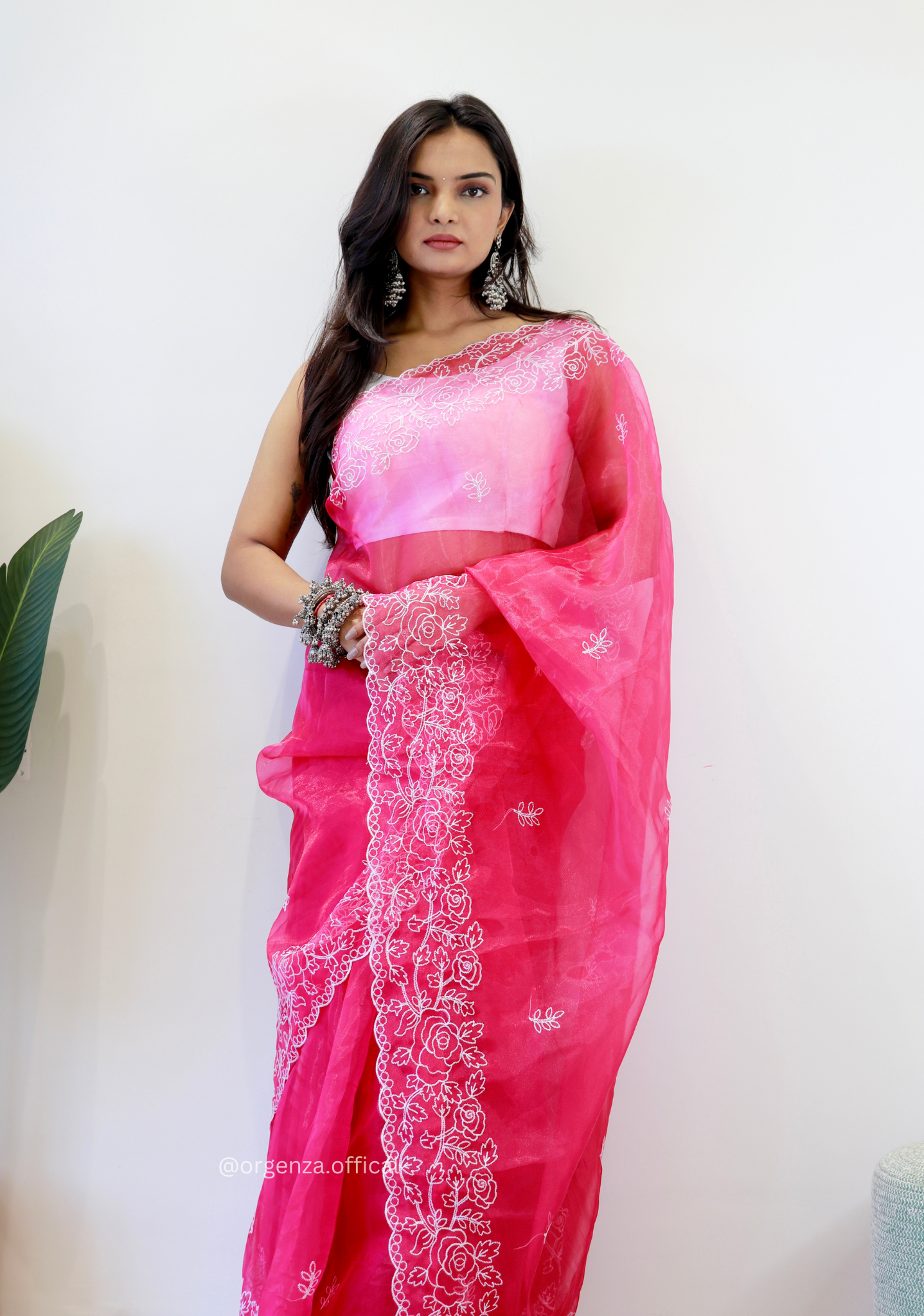 Pink Colour Embroidery Thread Work Saree - Orgenza Store