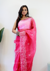 Pink Colour Embroidery Thread Work Saree