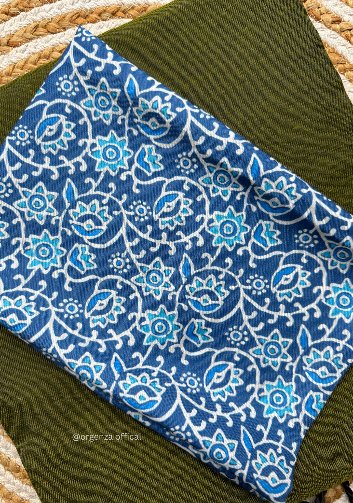 Dark Mehendi Colour Cotton Saree With Blue Print Blouse