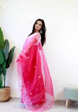 Pink Colour Embroidery Thread Work Saree