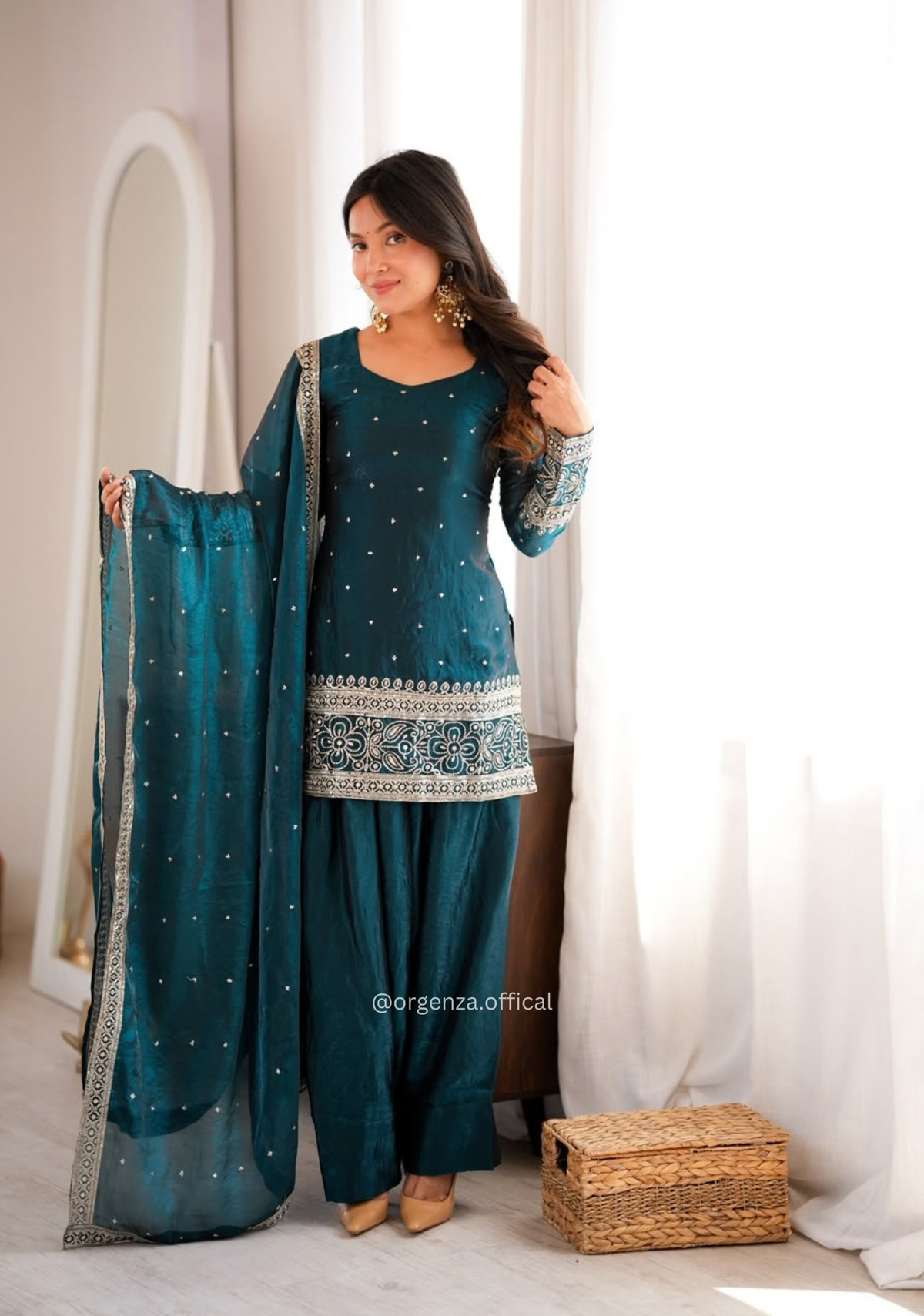 Dark Teal Fendy Silk Embroidered Farshi Shalwar Suit