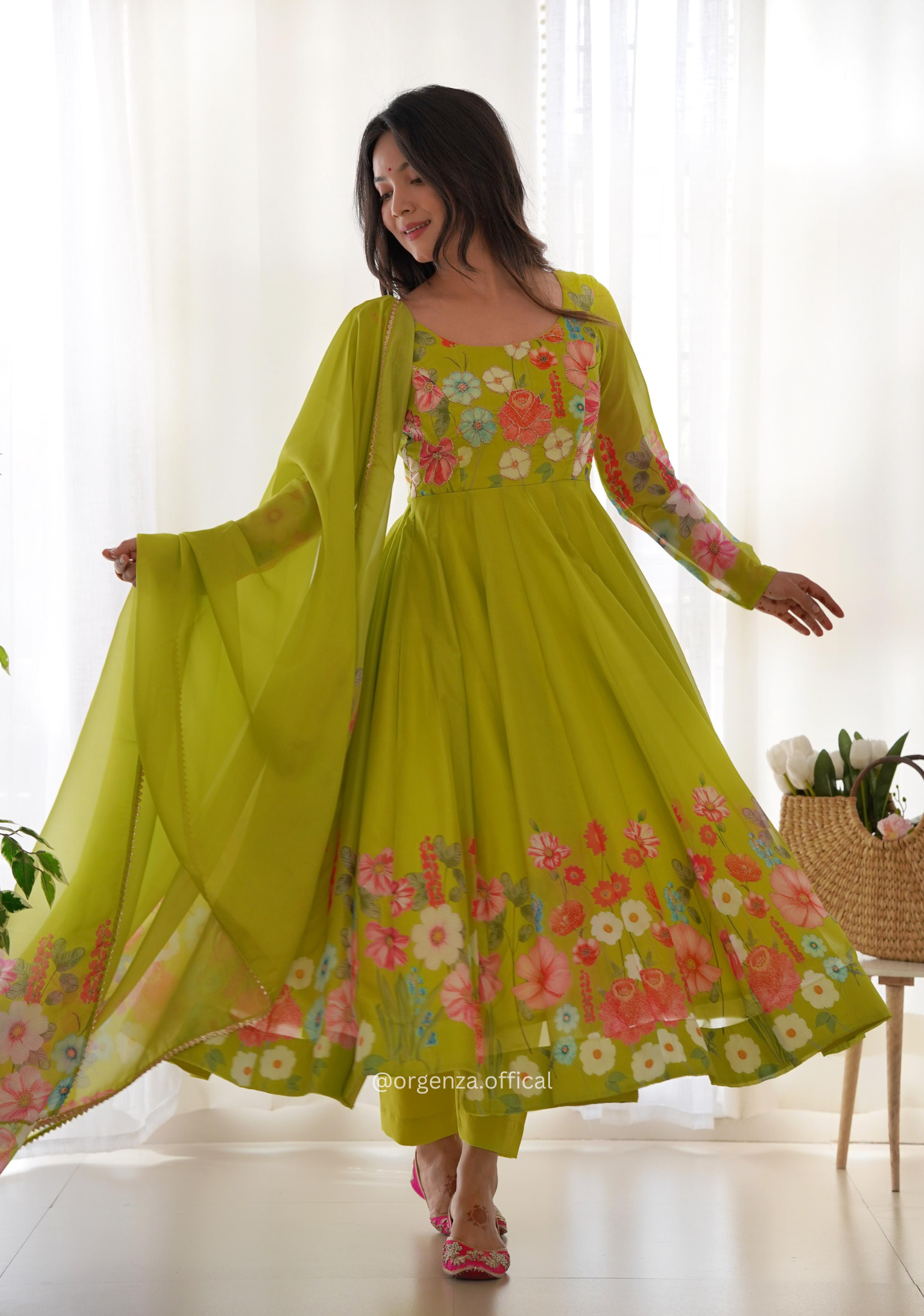 Floral Organza Anarkali With Dupatta And Pant