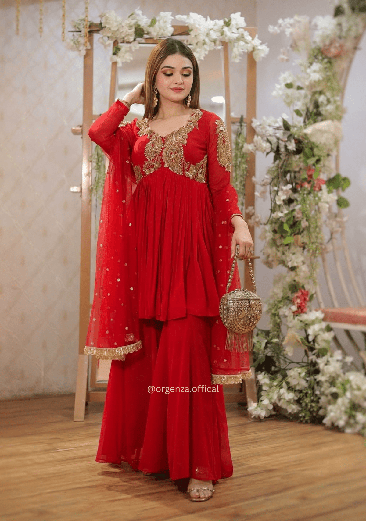 Red Designer Fox Georgette Sequins Palazzo Set