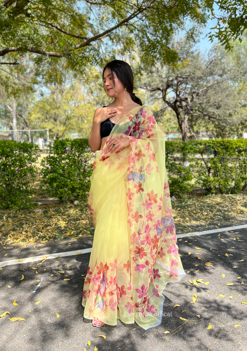 Yellow Digital Print Saree With Handwork