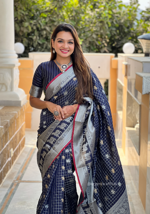 Navy Blue Colour Silk Saree With Gold And Silver Zari - Orgenza Store