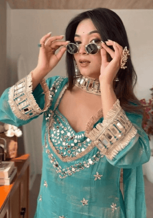 Premium Fendy Silk Sharara Suit Set with Real Mirror Work & Lace Border - Orgenza Store