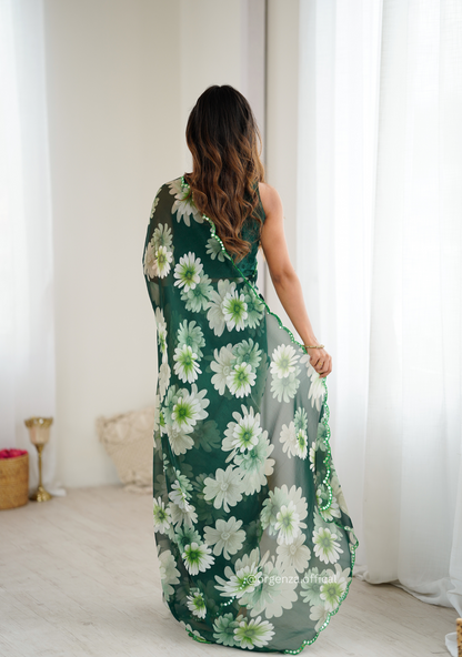 Green Colour Georgette Printed Mirror Saree