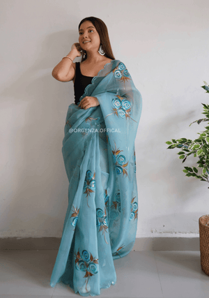 Rama Hand Print Organza Saree - Orgenza Store