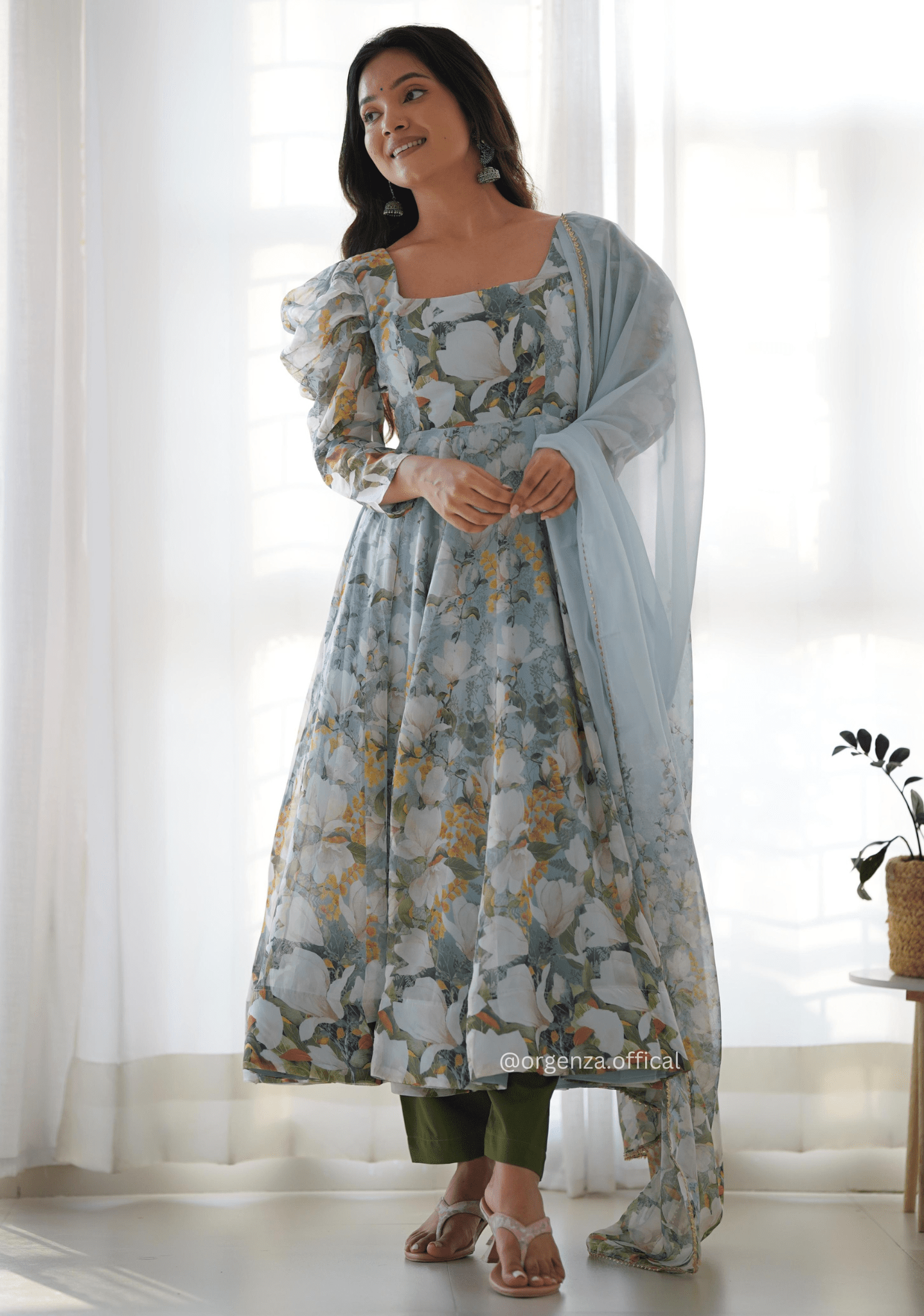 Floral Print Organza Anarkali With Dupatta And Pant - Orgenza Store - digisoch