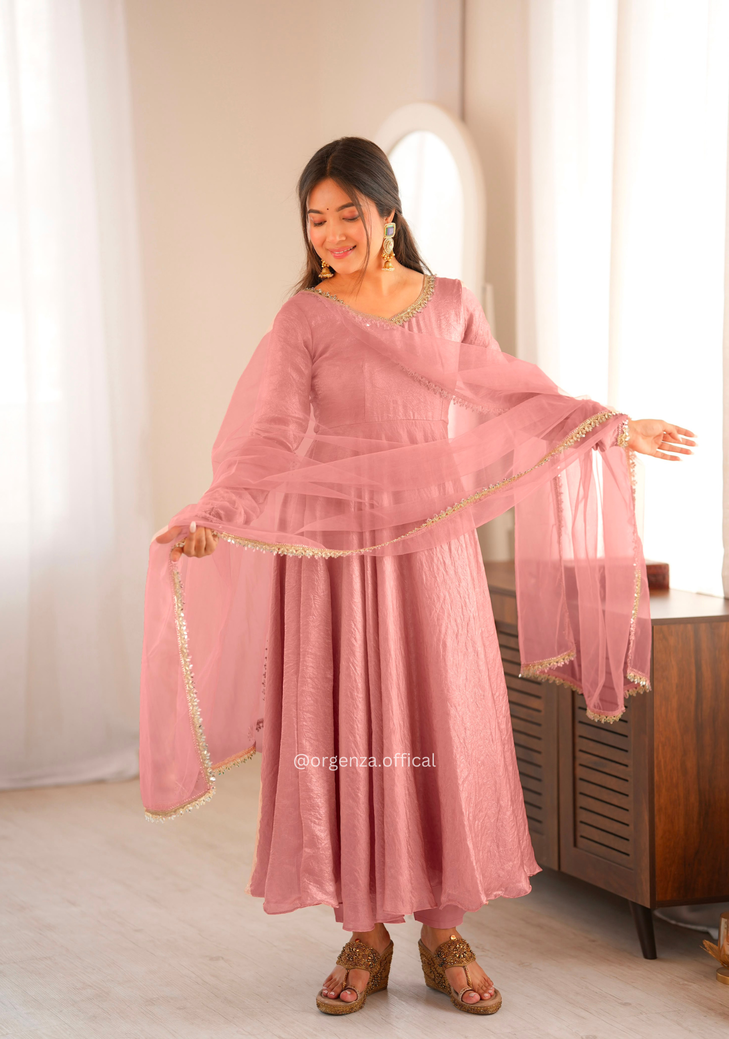 Dusty Rose Crush Mirror Work Gown Set with Butterfly Net Dupatta