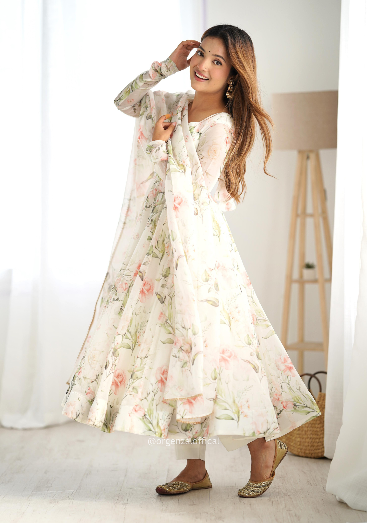 Pure Organza Cream Colour Silk Print Kurti