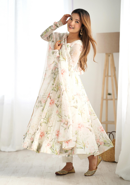 Pure Organza Cream Colour Silk Print Kurti