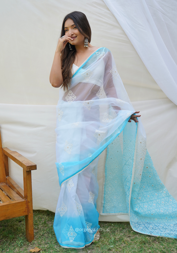 Sky Blue Organza Saree With Viscous Thread Work