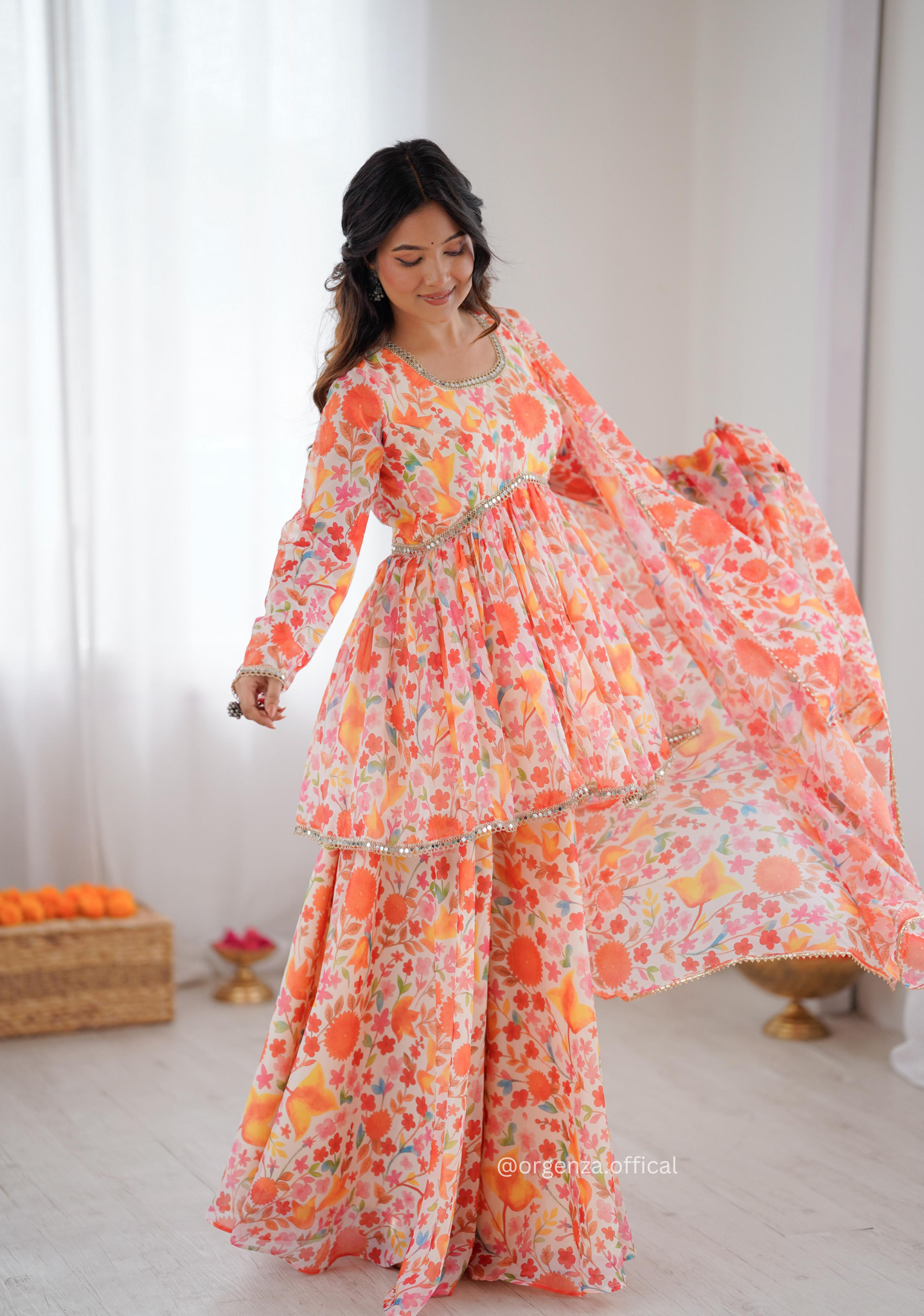 Orange Multi Colour Organza Kediya Type Kurti With Palazzo Set