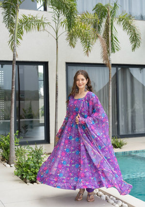 Purple Colour Pure Organza Silk Floral Anarkali Kurtis - Orgenza Store - digisoch