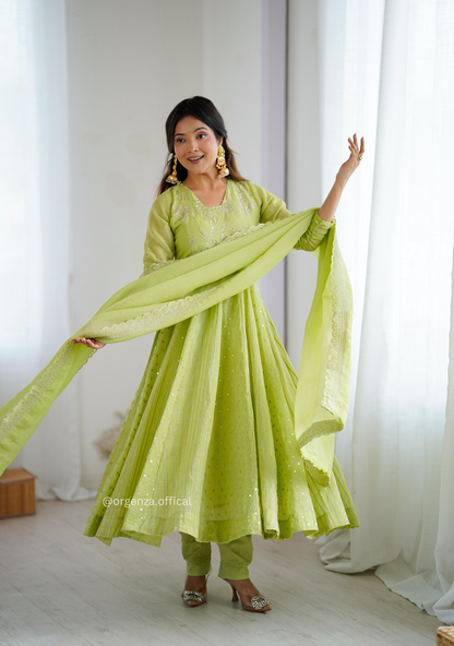 Pista Green Colour Crunchy Silk Anarkali Kurti