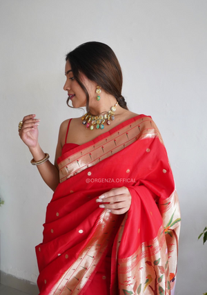 Pure Red Paithani Silk Saree With Zari Weaving - Orgenza Store
