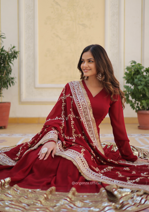 Maroon Colour Soft Fox Blooming Zari Sequins Gown - Orgenza Store