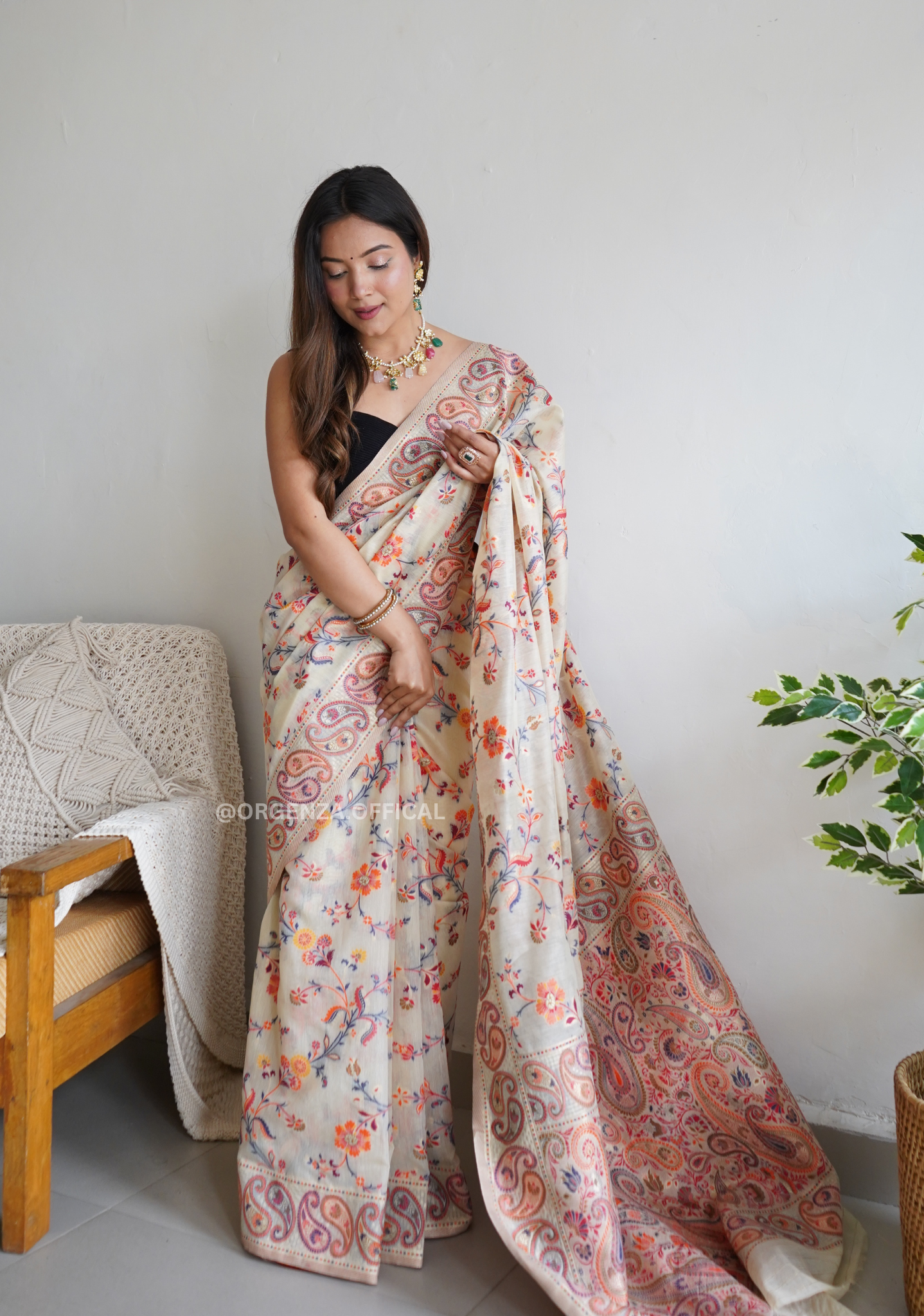 Pure Pashmina Kanchi Weaving Kashmiri Silk Saree - Orgenza Store