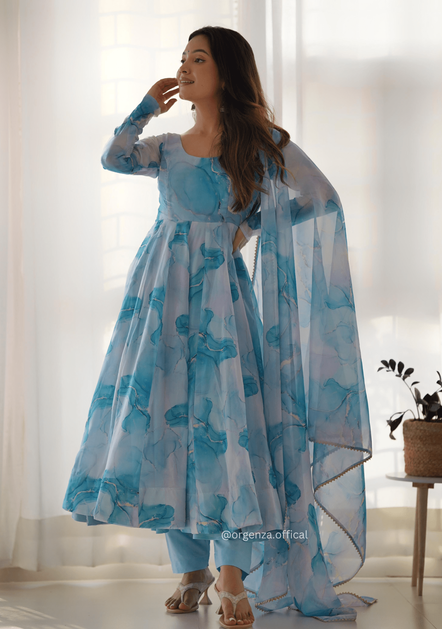 Sky Blue Colour Organza Silk Marble Print Anarkali Kurtis - Orgenza Store