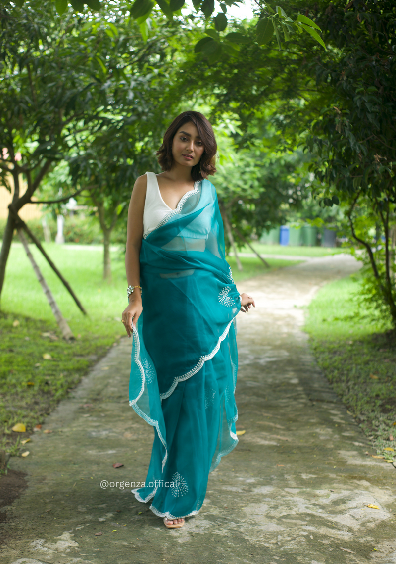 C Green Colour Organza Saree With Hand Work