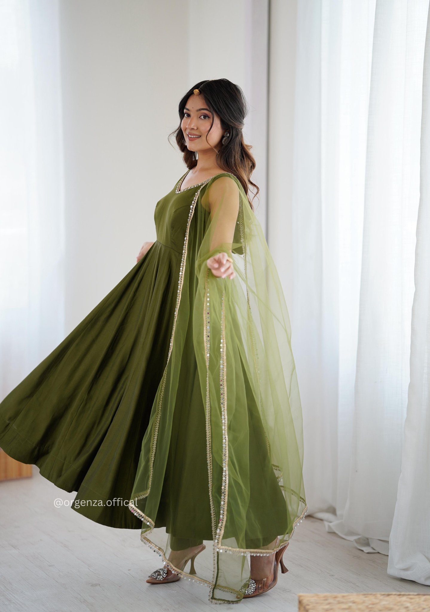 Green Colour Roman Silk Chanderi Anarkali Kurti