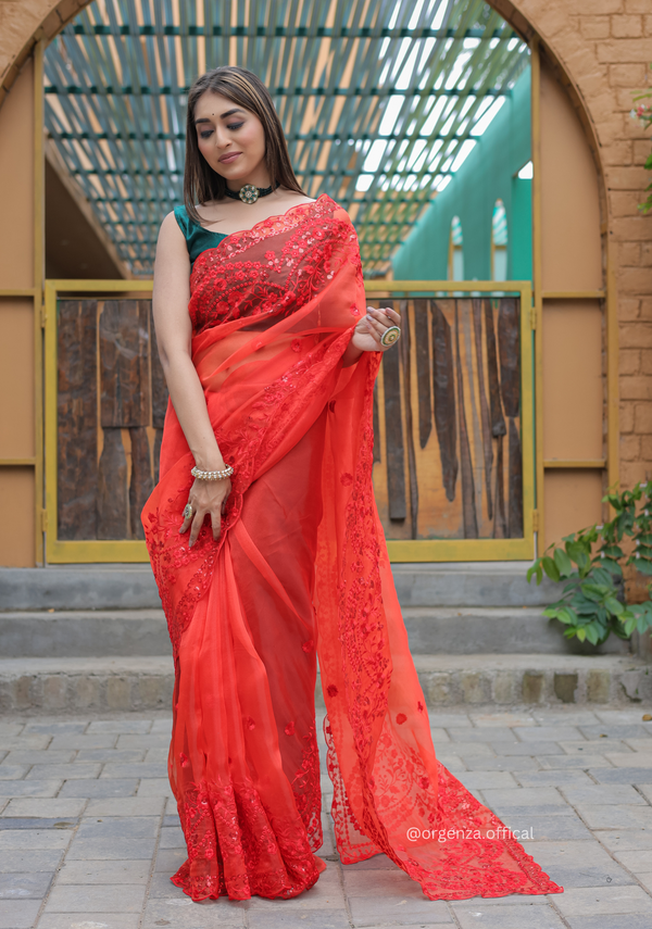 Red Soft Organza Saree With Sequence Work