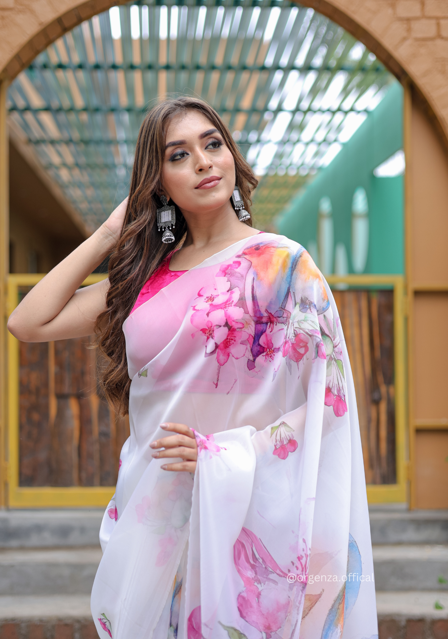 White Colour Flower Digital Print Saree - Orgenza Store