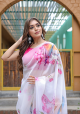 White Colour Flower Digital Print Saree